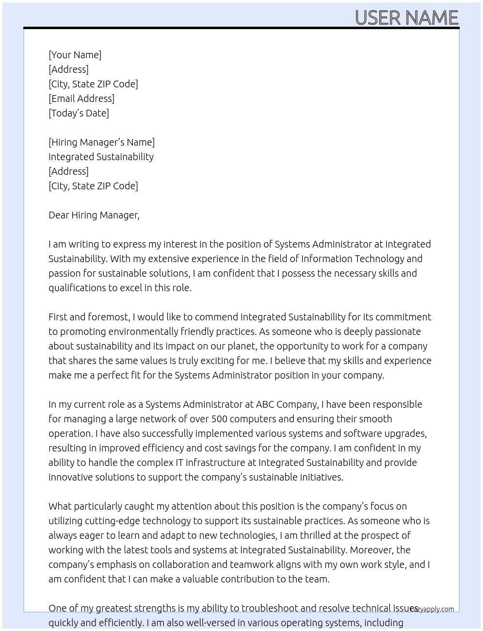 Systems Administrator At Integrated Sustainability Cover Letter