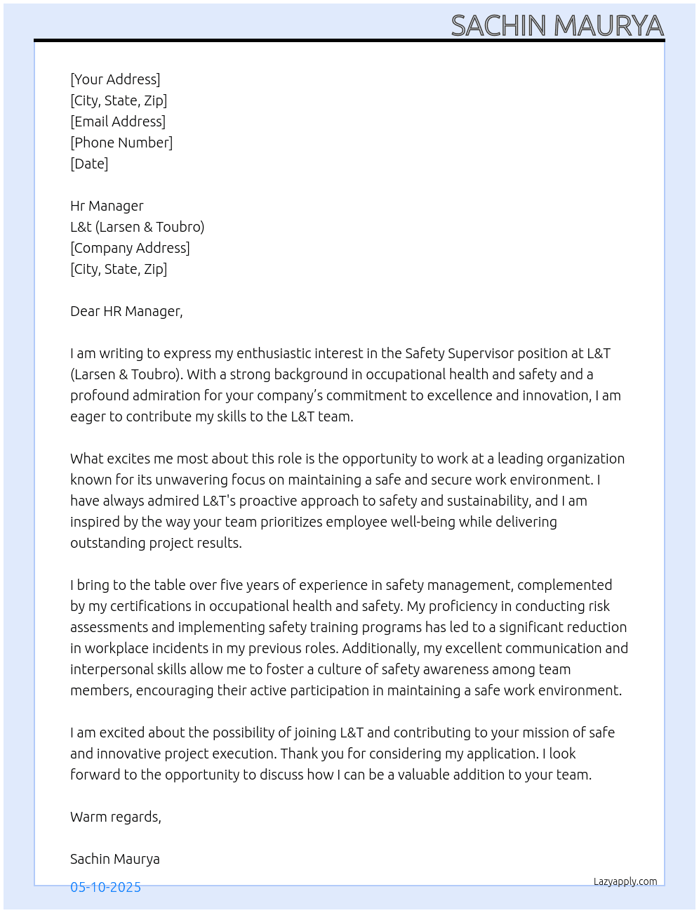 safety supervisor  At l&T (Larsen & Toubro) Cover Letter
