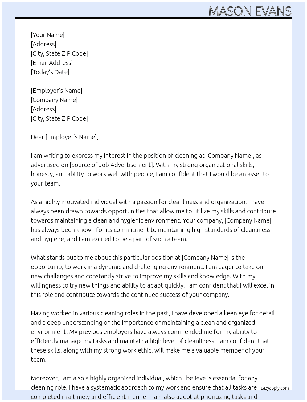 cleaning At work Cover Letter
