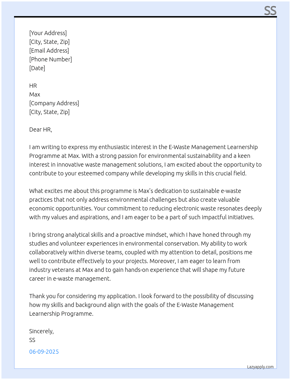 E-Waste Management Learnership Programme At max Cover Letter
