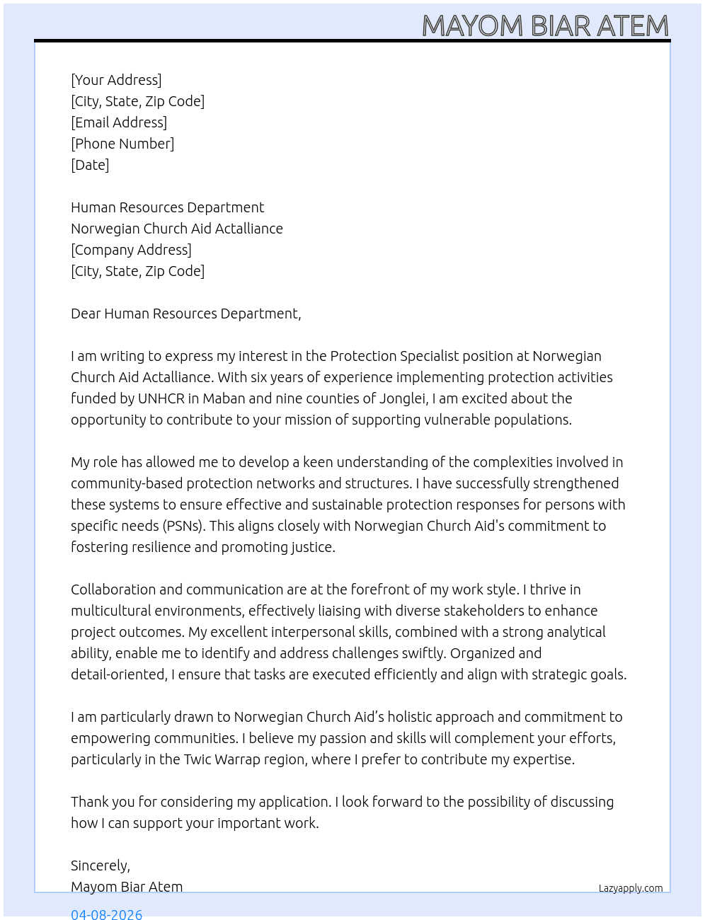 Protection Specialist At Norwegian Church Aid Actalliance Cover Letter