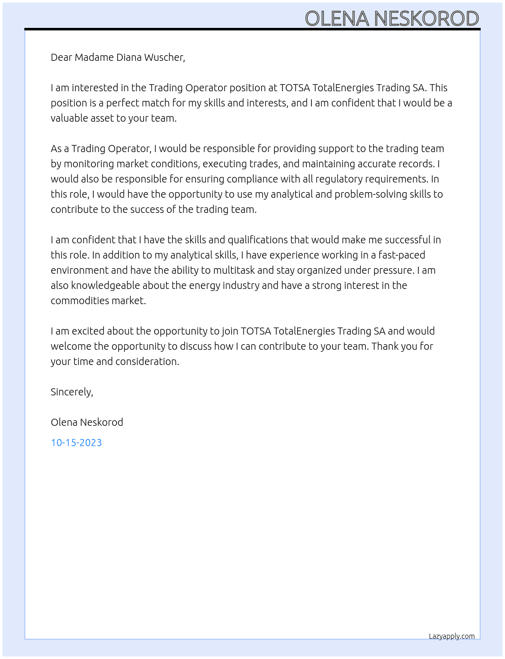 Trading Operator At TOTSA TotalEnergies Trading SA Cover Letter