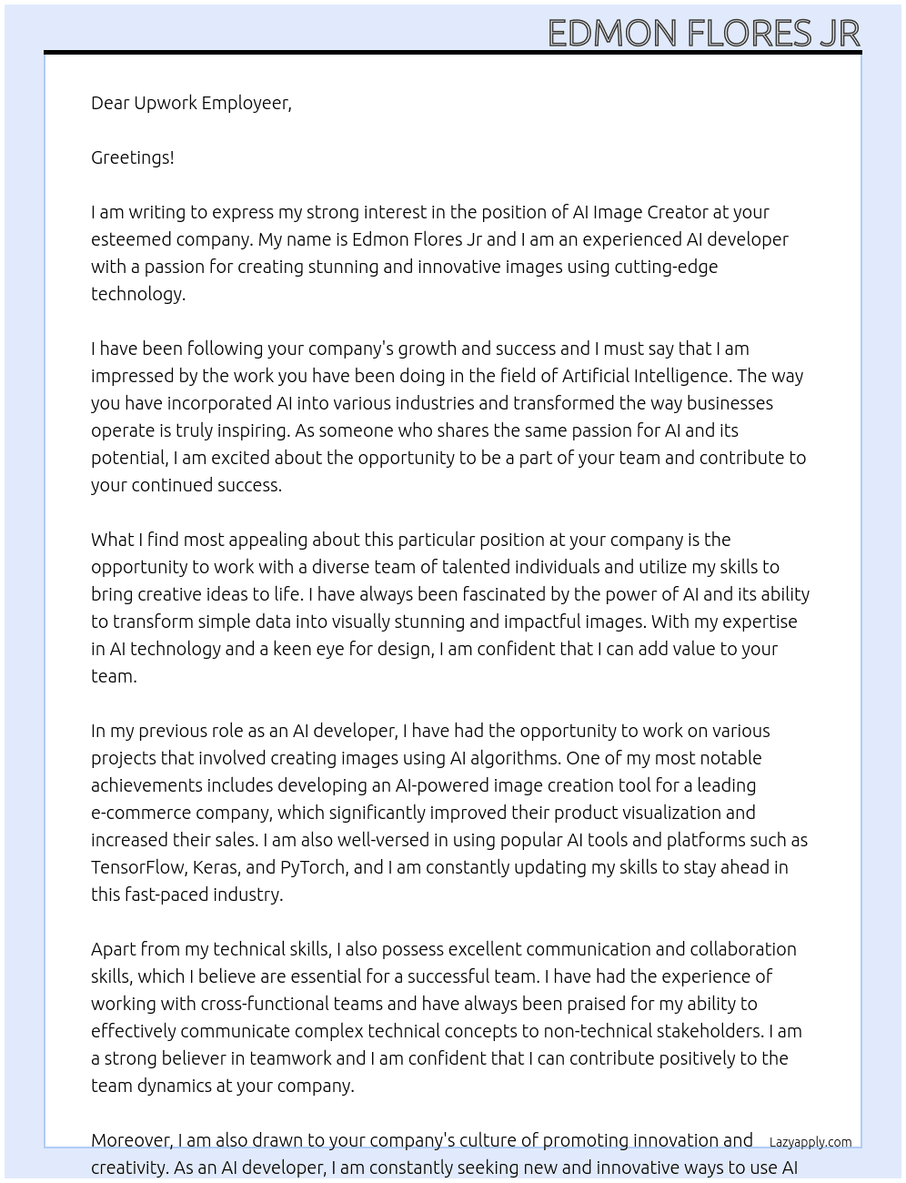AI Image Creator At Upwork Employeer Cover Letter