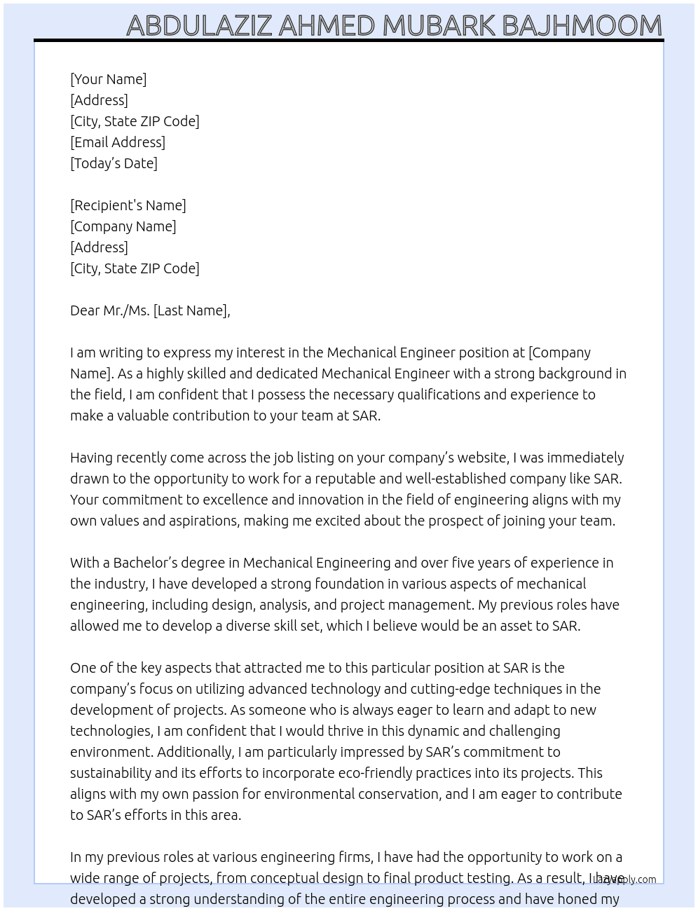 Mechanical Engineer At SAR Cover Letter