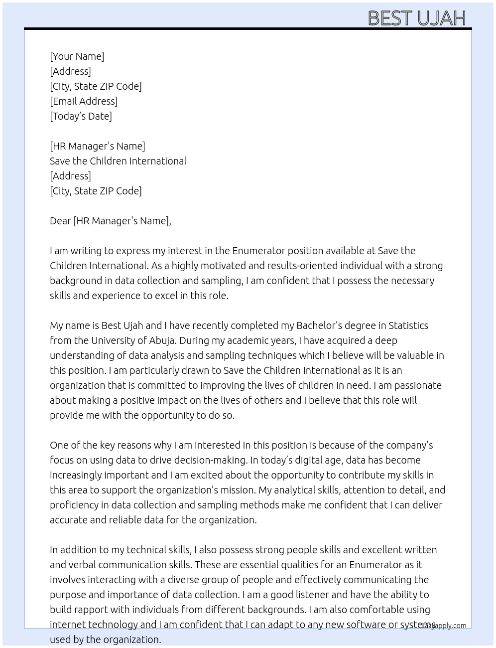 Enumerator  At Save the children International  Cover Letter