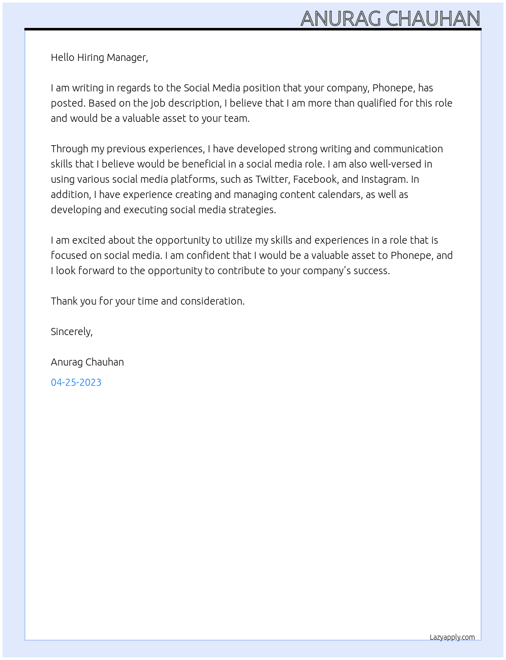 Social media  At Phonepe Cover Letter