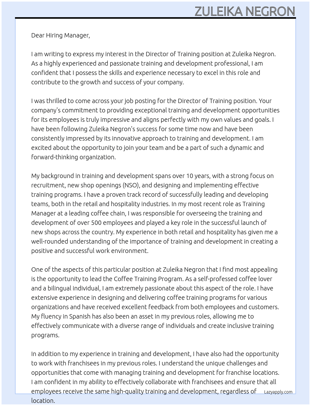 Director of Training At Zuleika Negron Cover Letter