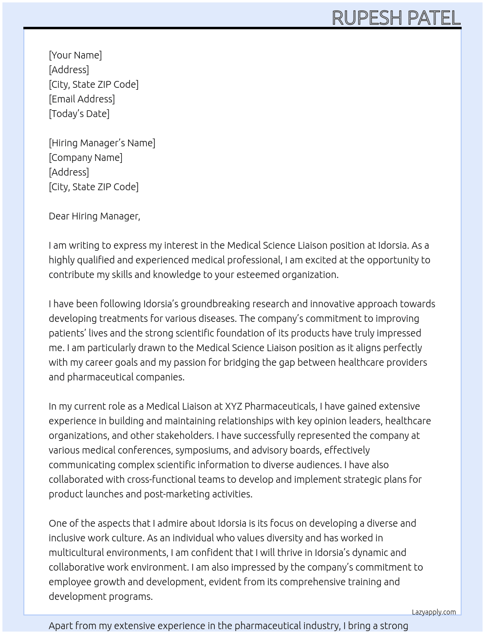 medical science liaison At Idorsia Cover Letter