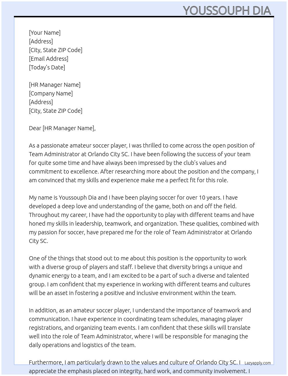 Team administrator  At Orlando City SC Cover Letter