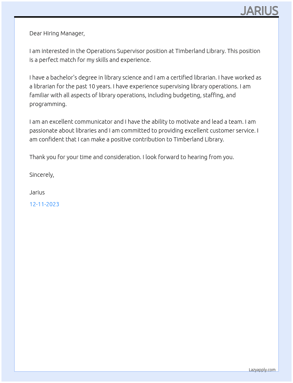 Operations Supervisor At Timberland Library  Cover Letter