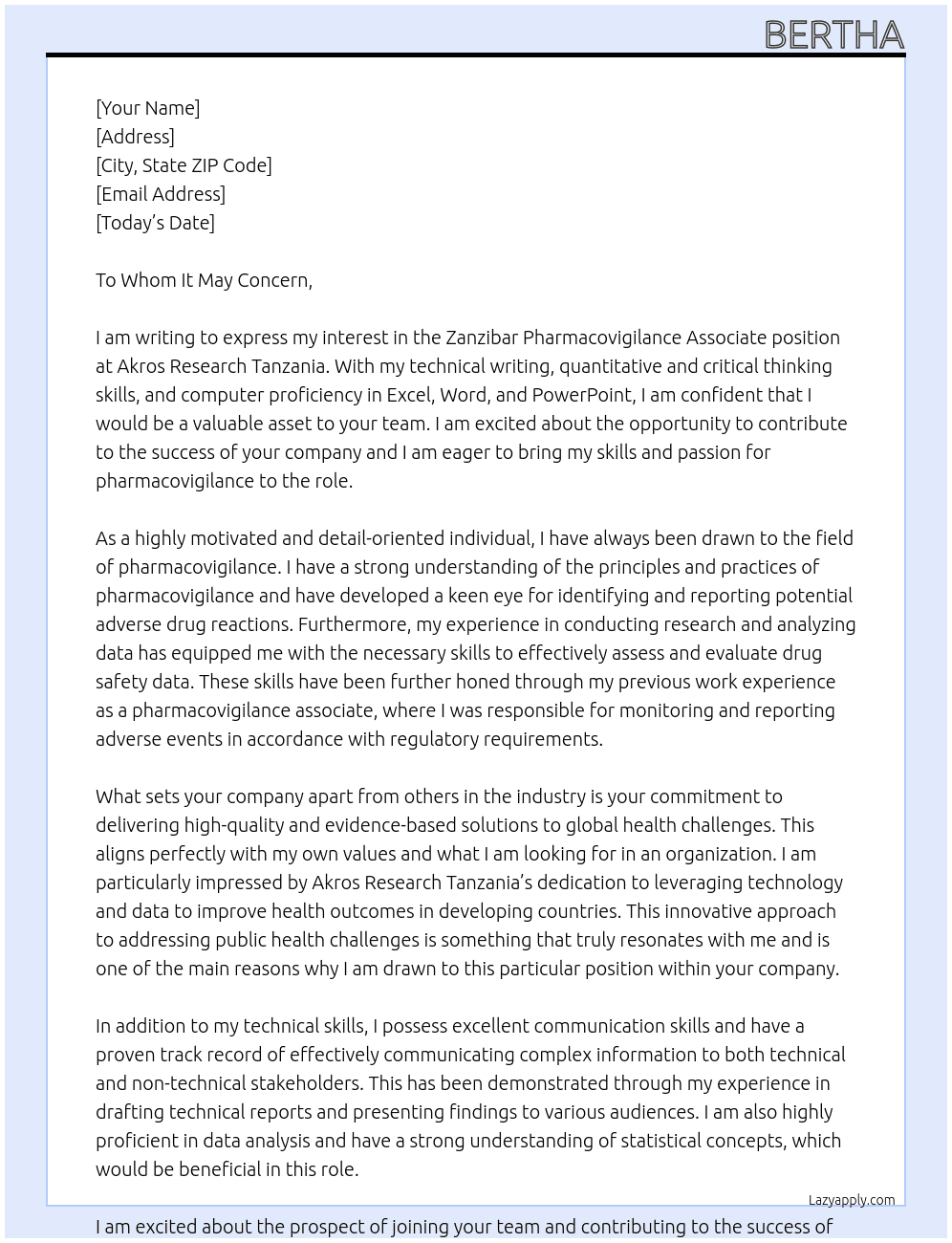 ZANZIBAR PHARMACOVIGILANCE ASSOCIATE At AKROS RESEARCH TANZANIA Cover Letter