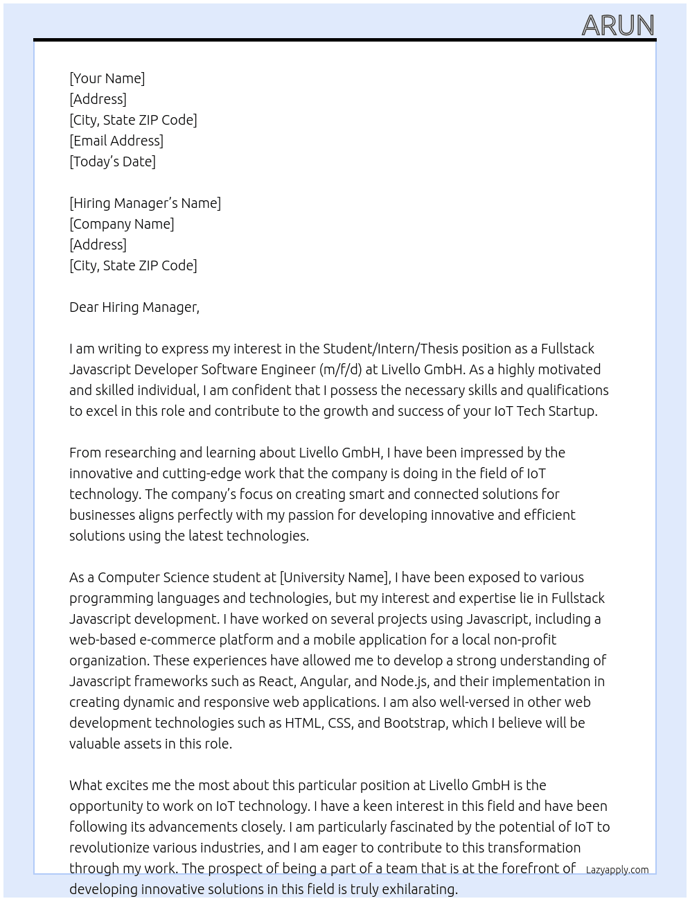 Student / Intern / Thesis as Fullstack Javascript Developer Software Engineer (m/f/d) - IoT Tech Startup At Livello GmbH Cover Letter
