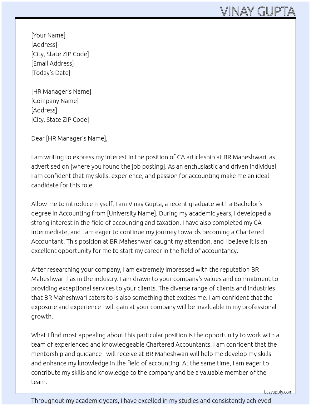 CA articleship At BR maheshwari Cover Letter