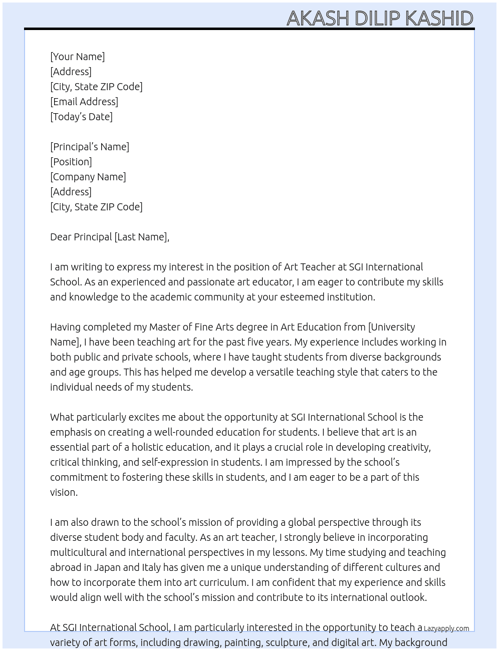 Art teacher  At SGI International school Cover Letter