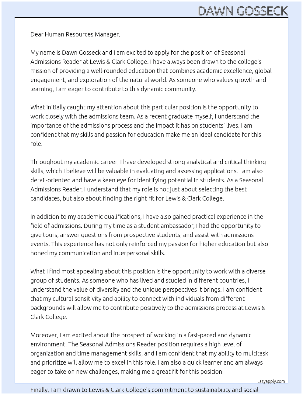 Seasonal Admissions Reader At Lewis & Clark College Cover Letter