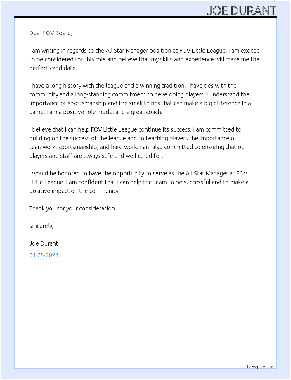 All Star Manager At FOV Little League Cover Letter