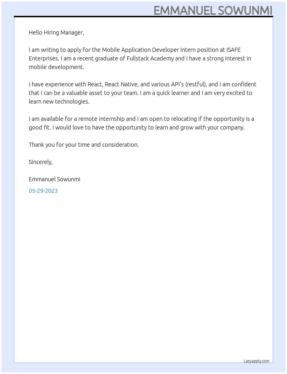 Mobile Application Developer Intern At ISAFE Enterprises Cover Letter