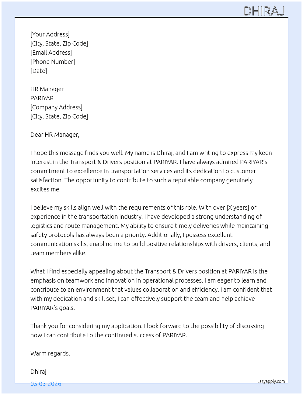 Transport & Drivers  At PARIYAR Cover Letter