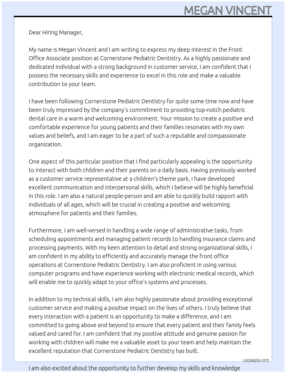Front Office Associate At Cornerstone Pediatric Dentistry Cover Letter