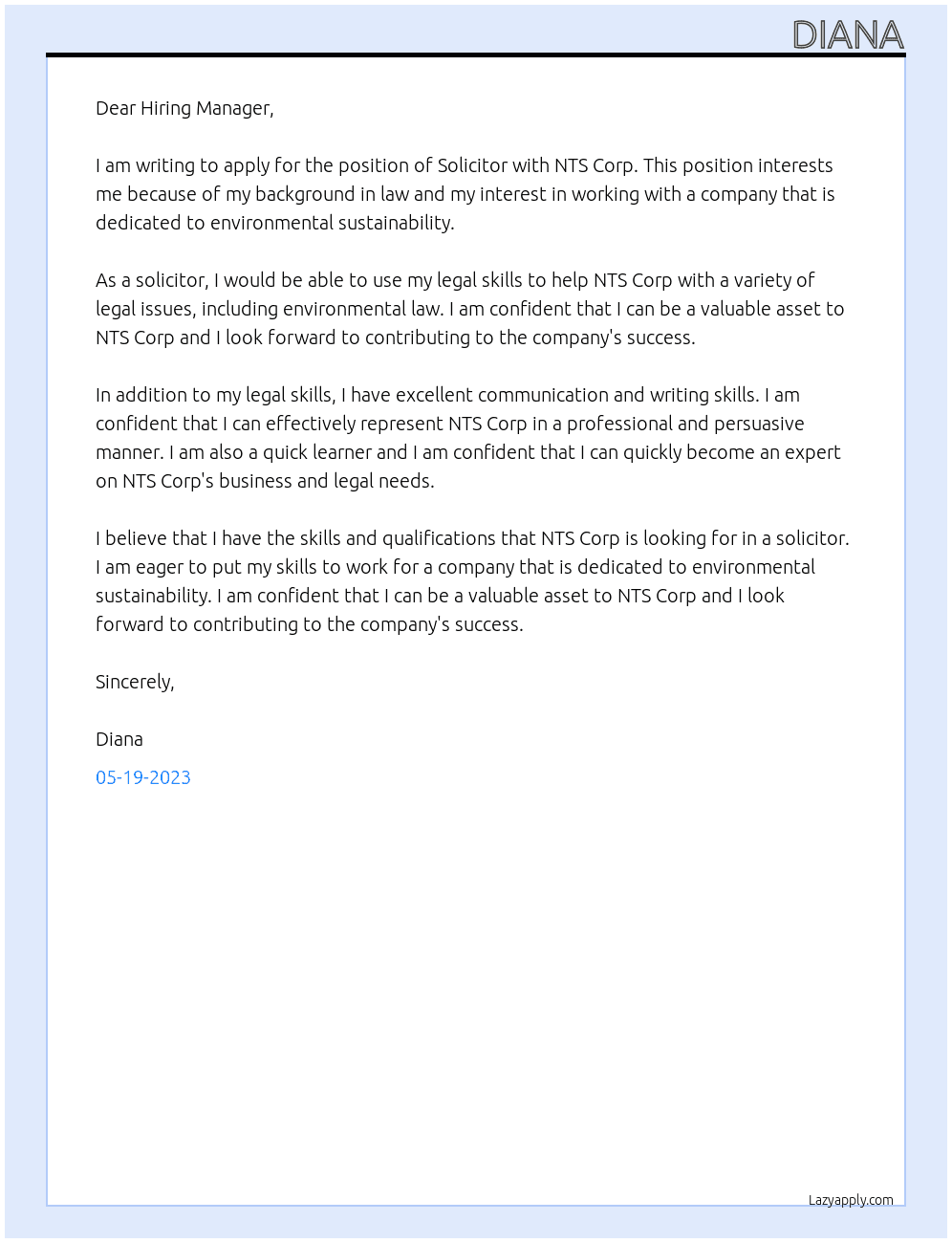 Solicitor At NTS Corp Cover Letter