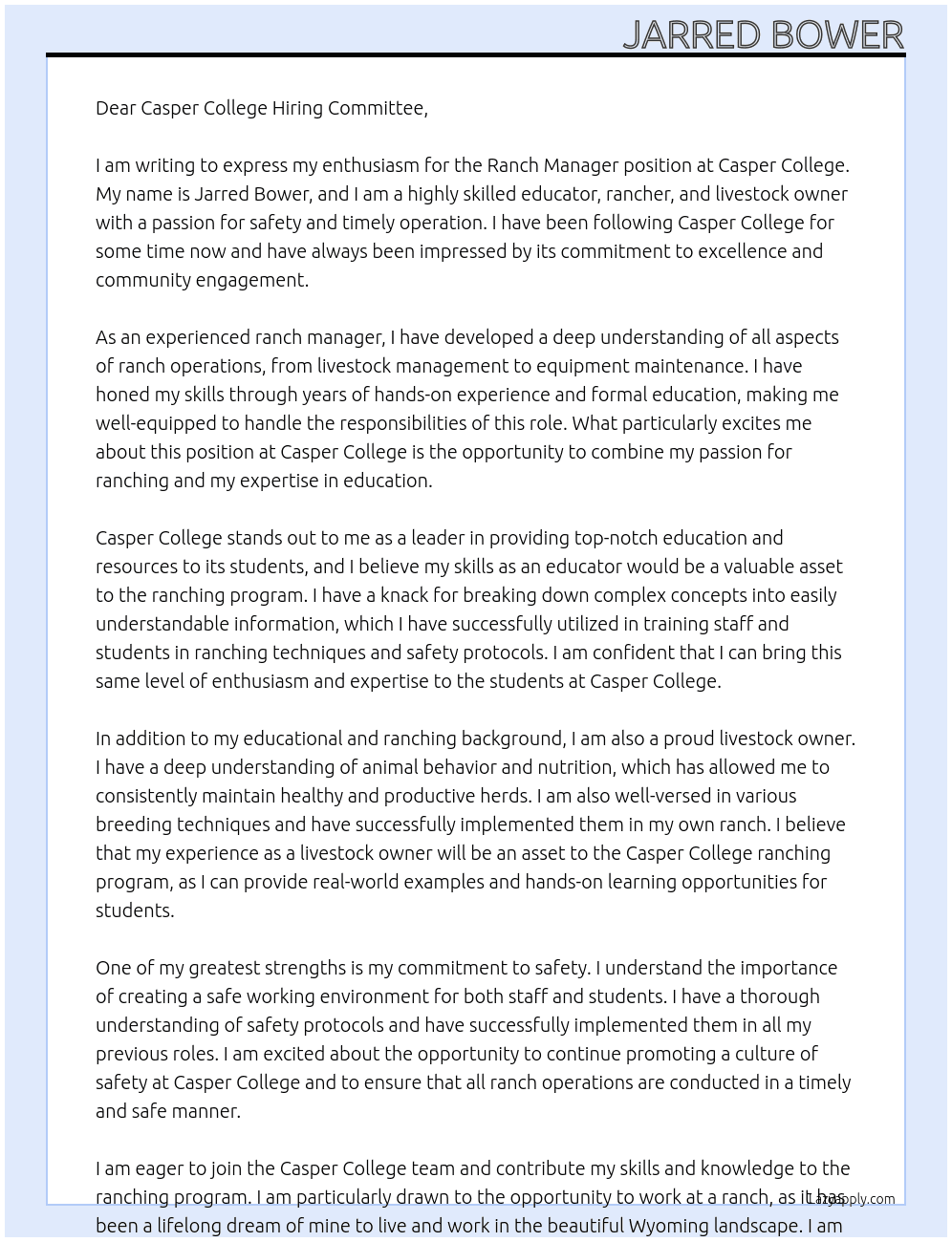 Cover letter for ranch manager - LazyApply