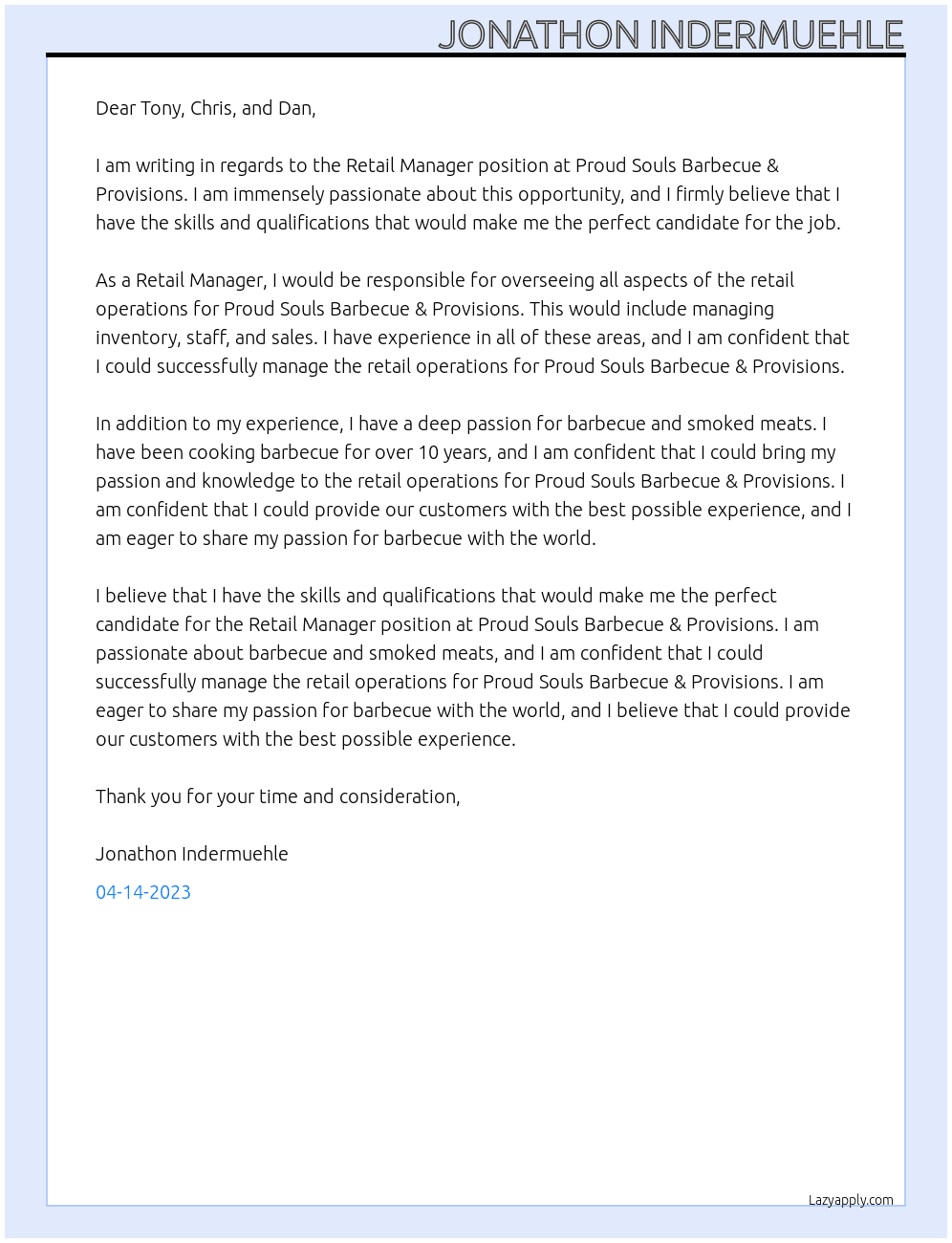 Retail Manager At Proud Souls Barbecue & Provisions  Cover Letter