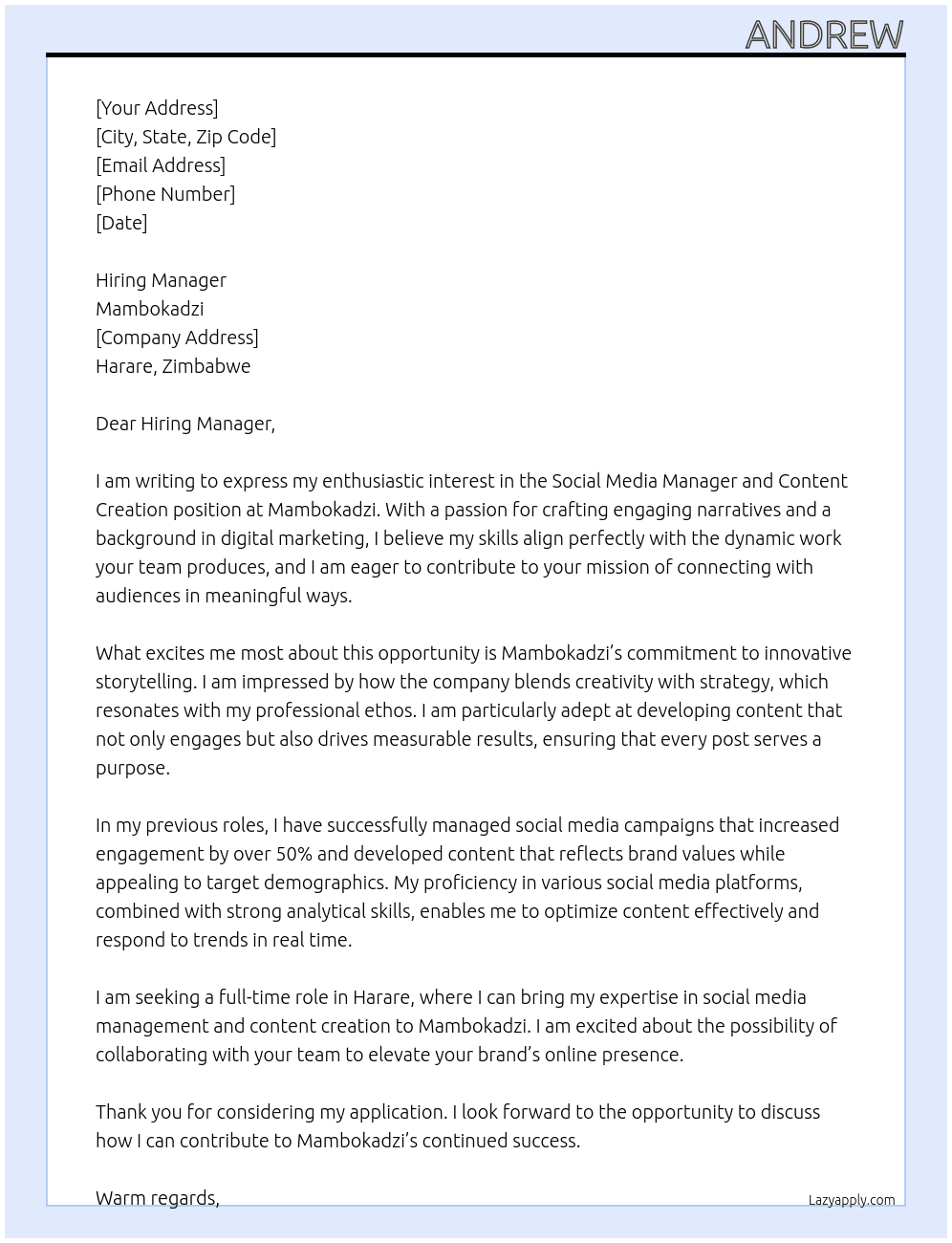 Social media manager and content creation At Mambokadzi Cover Letter