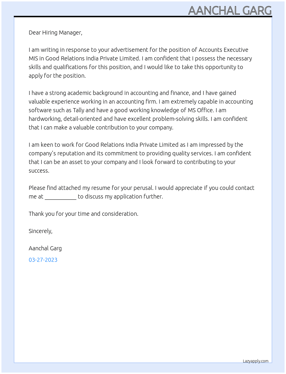 Accounts Executive MIS At Good Relations India Private Limited  Cover Letter
