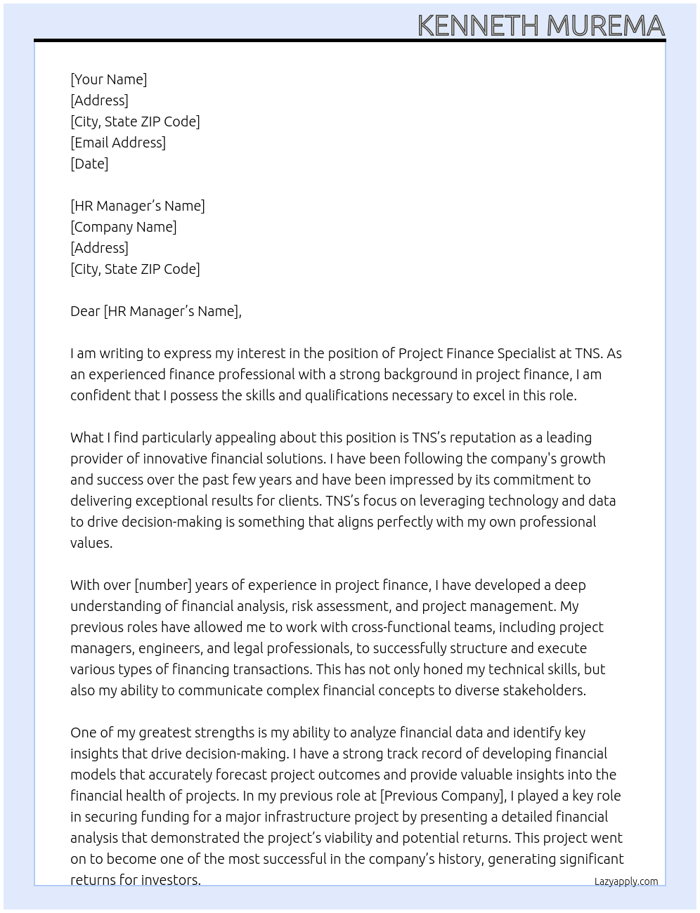 Project Finance Specialist At TNS Cover Letter