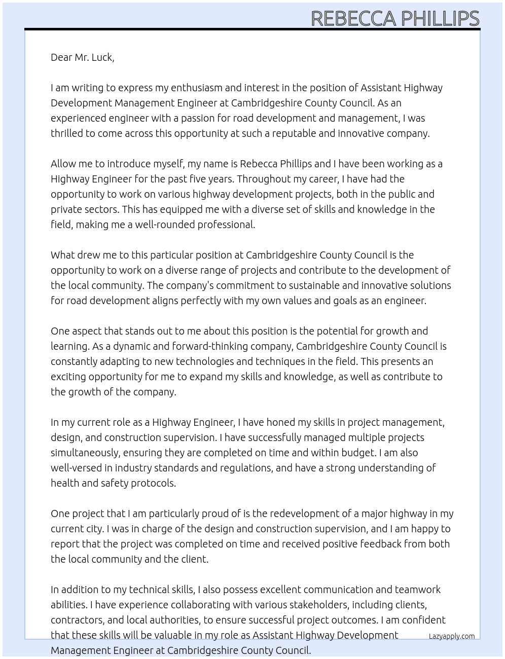 Assistant Highway Development Management Engineer At Cambridgeshire County Council Cover Letter