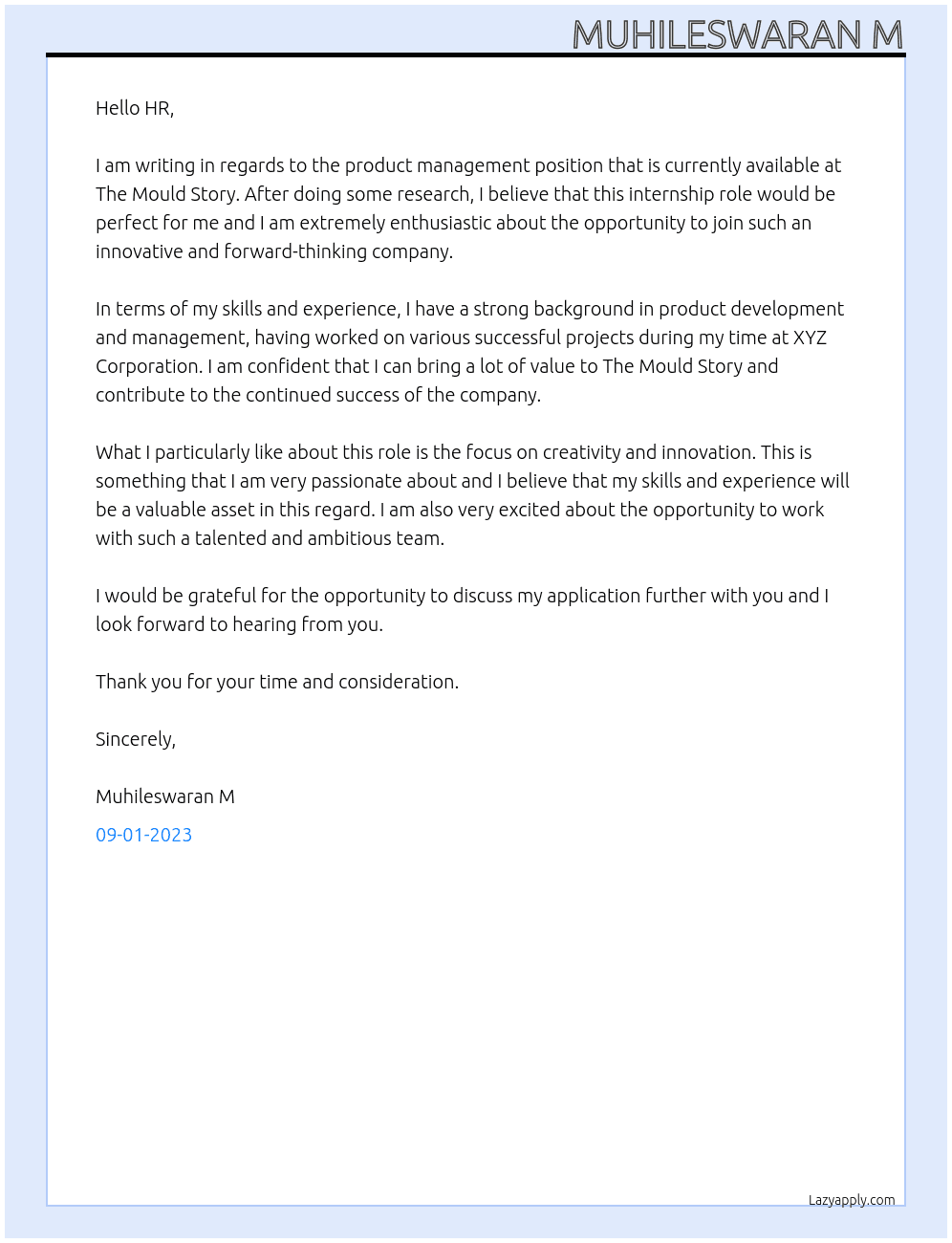 product management  At The Mould Story Cover Letter