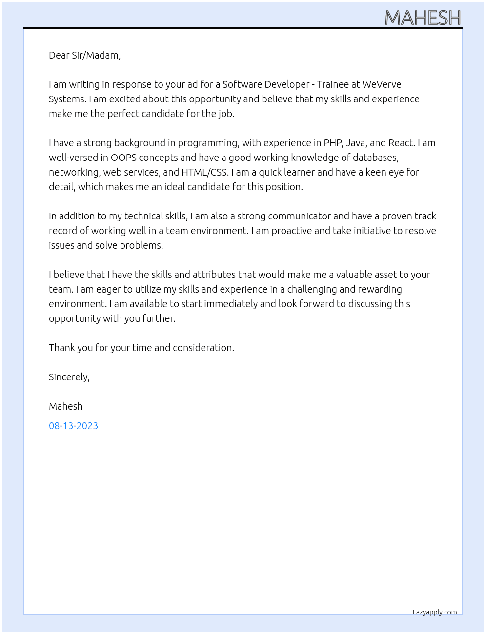 Software Developer - Trainee At WeVerve Systems Cover Letter