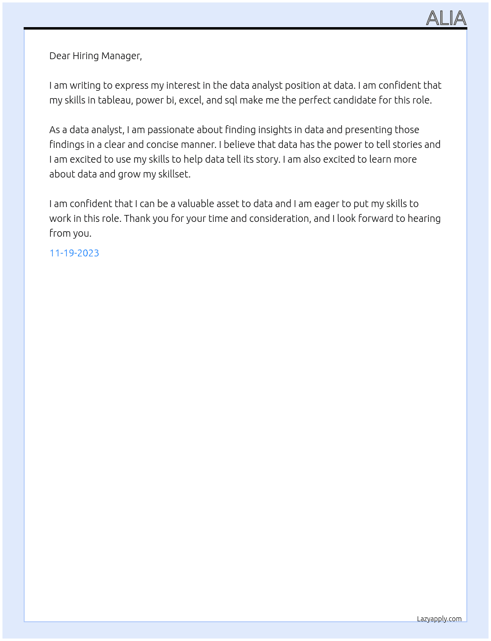 data analyst At data Cover Letter