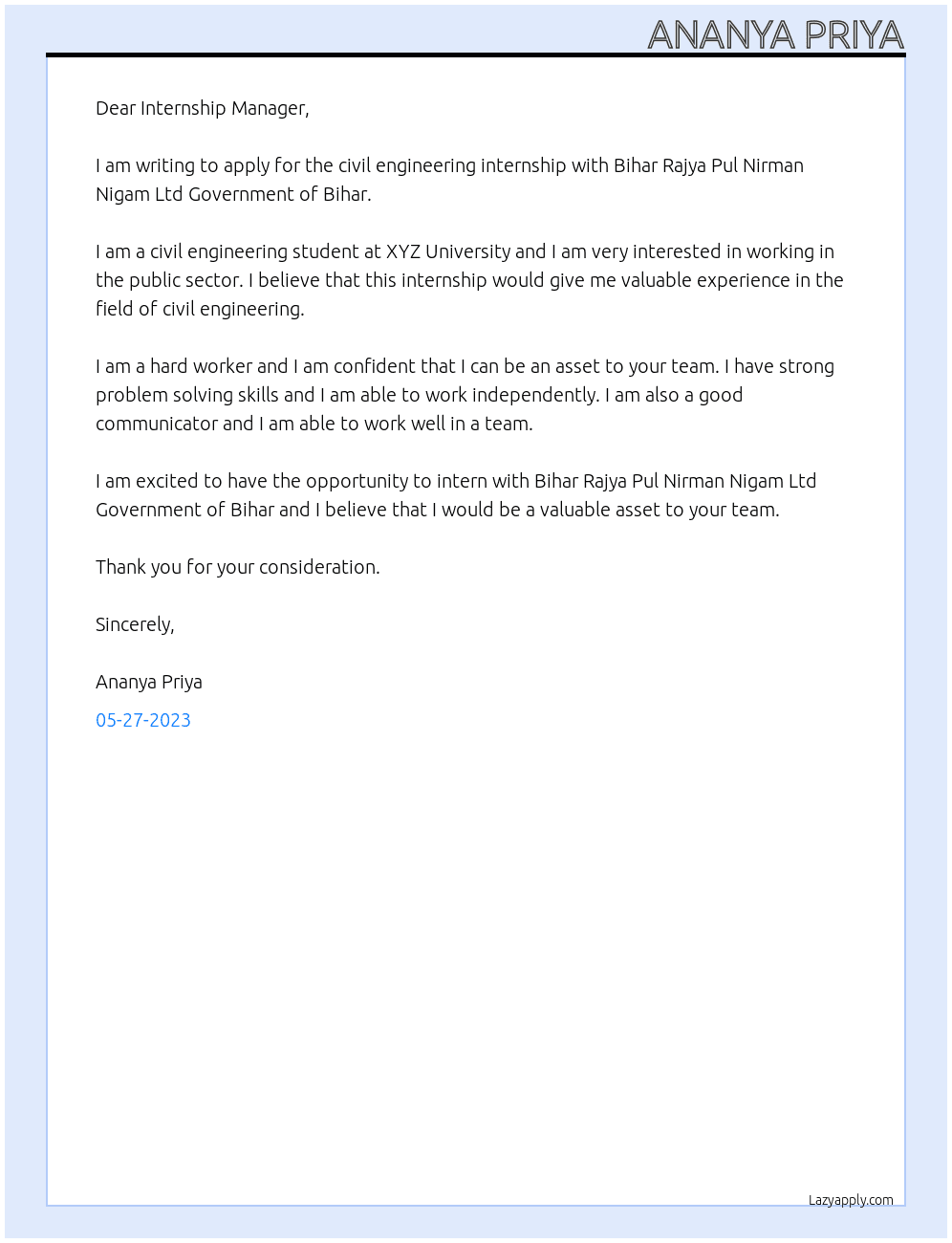 Civil Engineering  At Bihar Rajya Pul Nirman Nigam Ltd Government of Bihar Cover Letter
