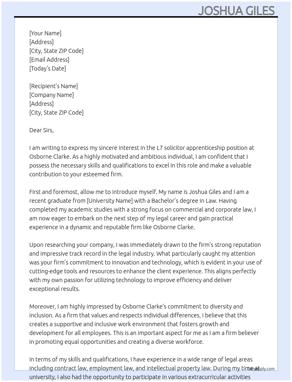 L7 solicitor apprenticeship  At Osborne Clarke Cover Letter