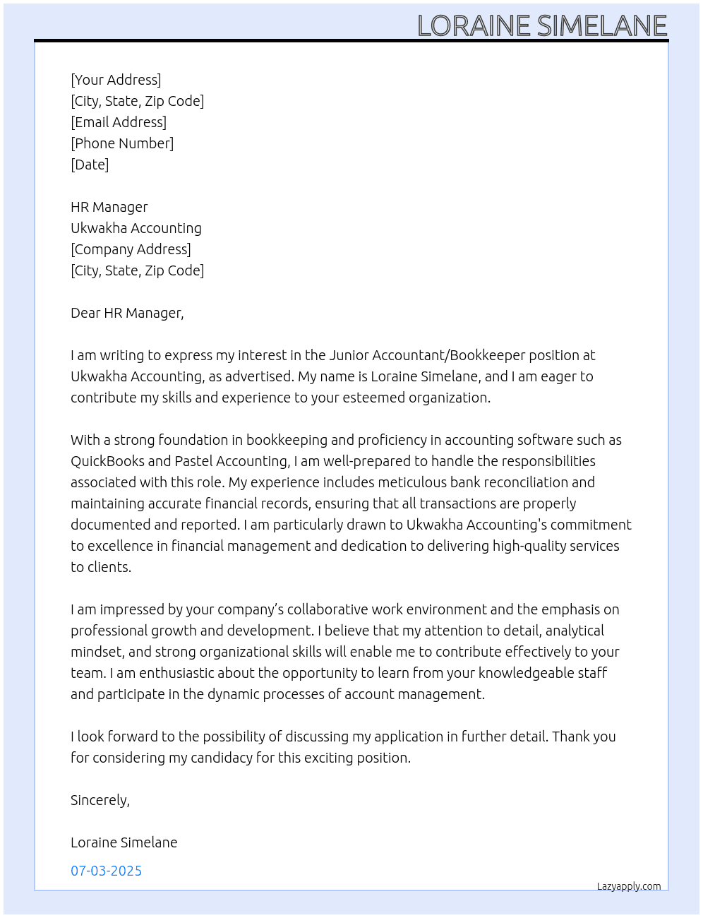 Junior accountant/ bookkeeper  At Ukwakha Accounting  Cover Letter