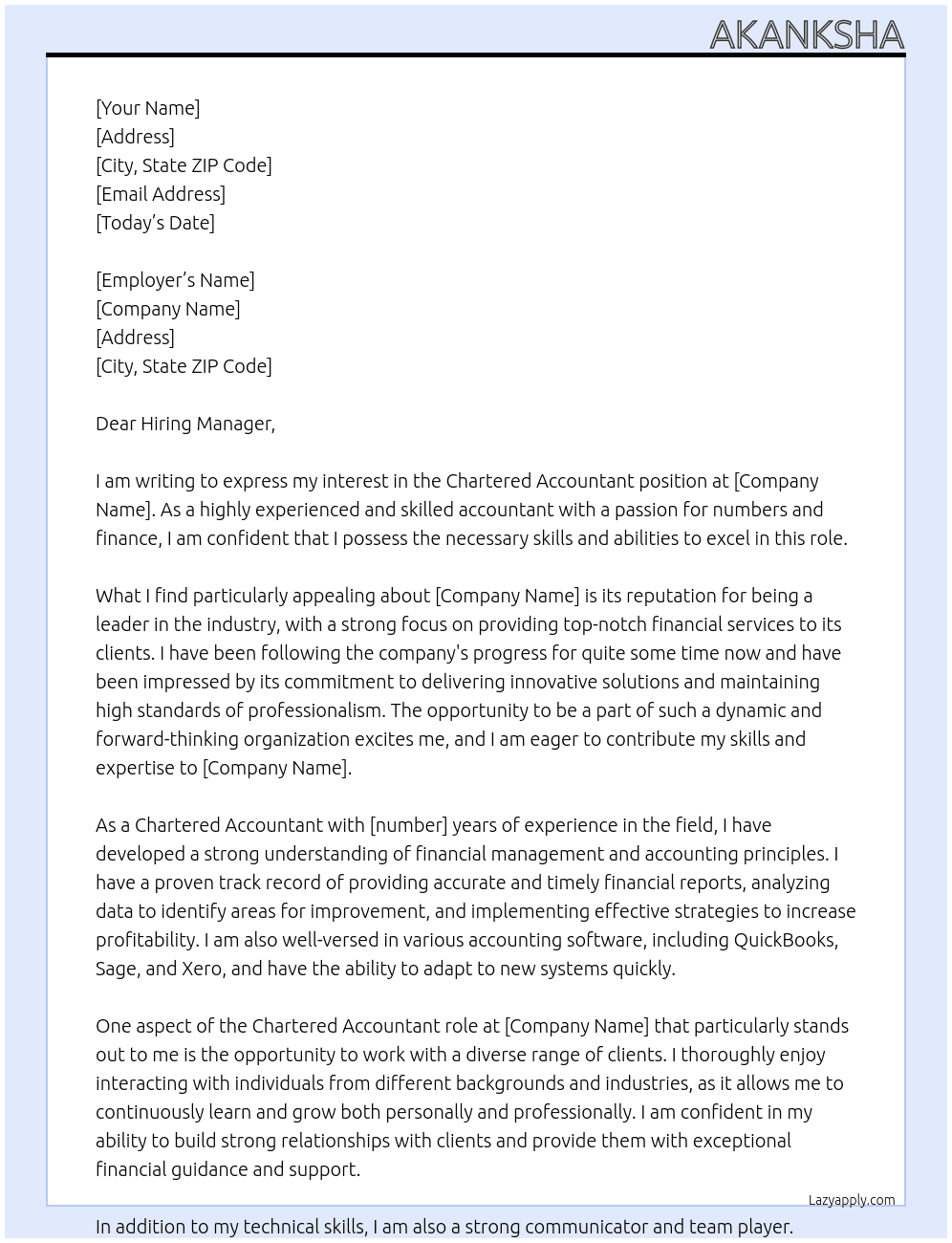 chartered accountant At all Cover Letter