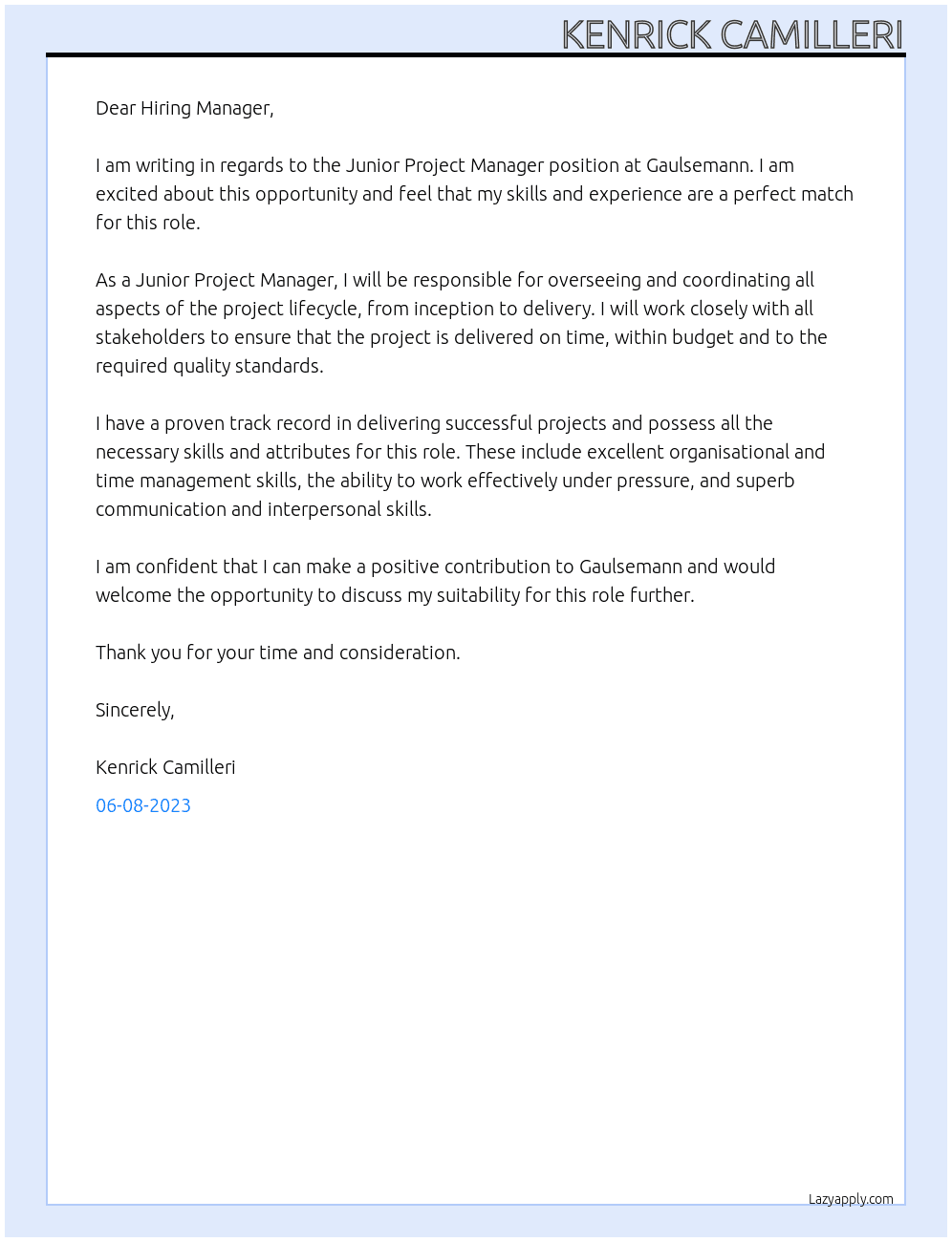 Junior Project Manager At Gaulsemann Cover Letter