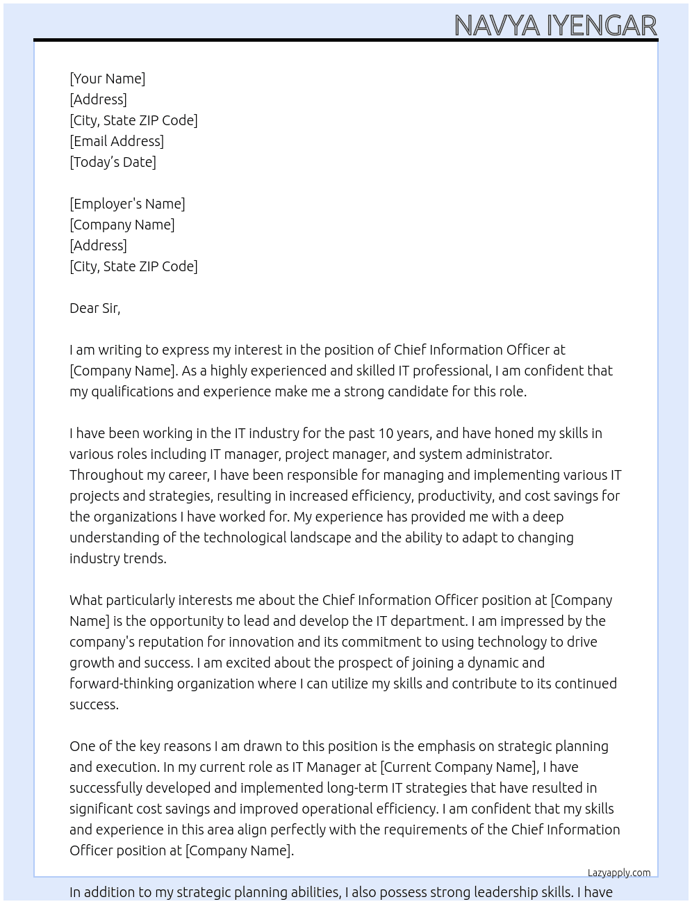 Chief Information Officer At Any Cover Letter