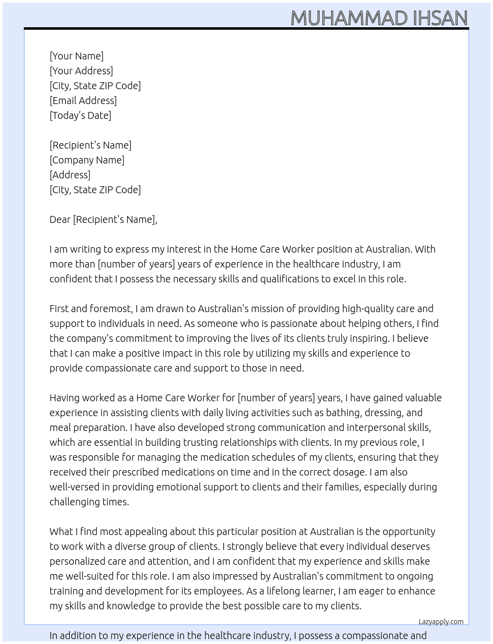 Home care worker At Australian  Cover Letter
