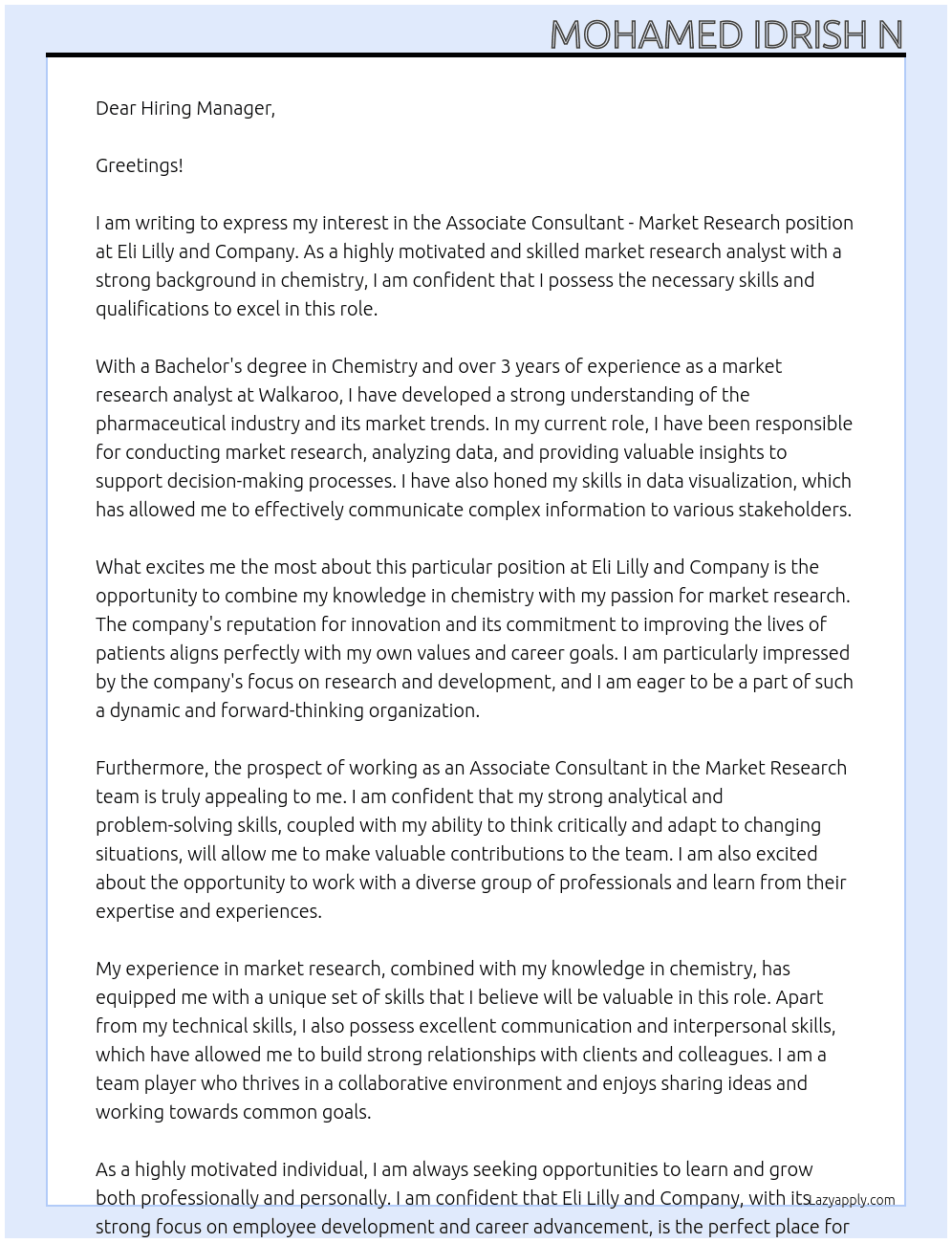 Associate Consultant - Market Research At Eli Lilly and Company Cover Letter