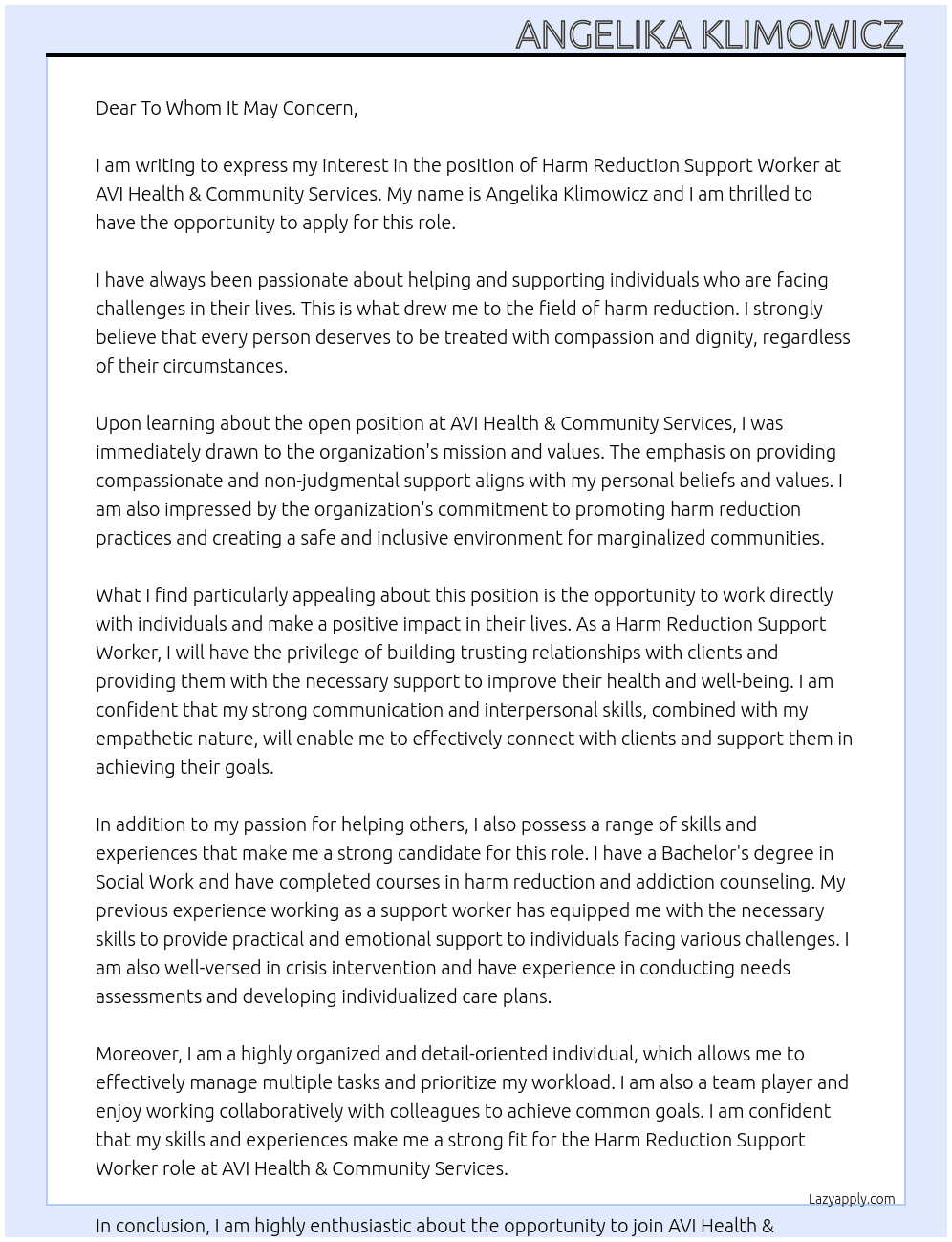 Harm Reduction Support Worker At AVI Health & Community Services Cover Letter