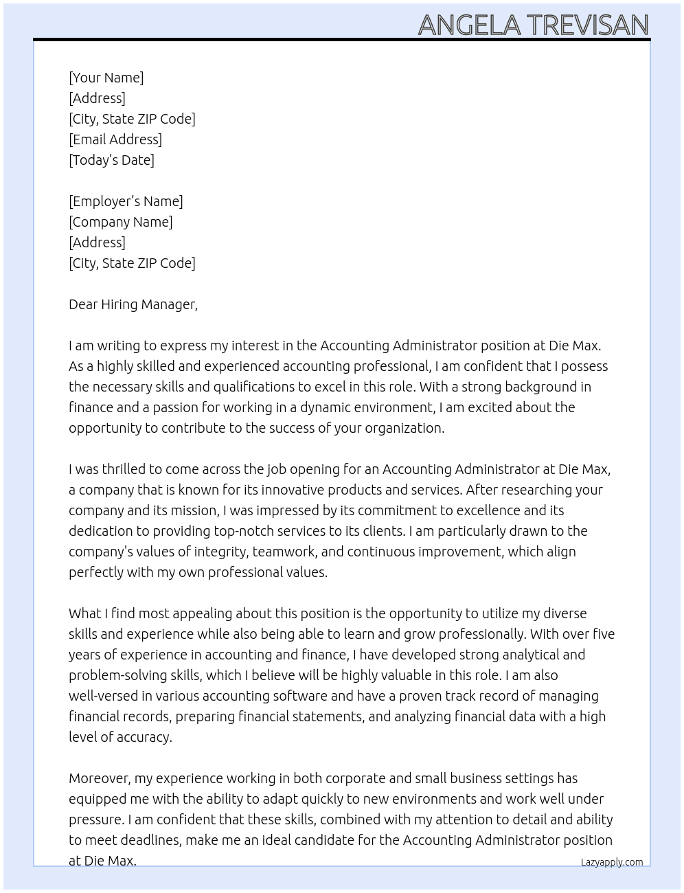 Accounting Administrator At Die Max Cover Letter