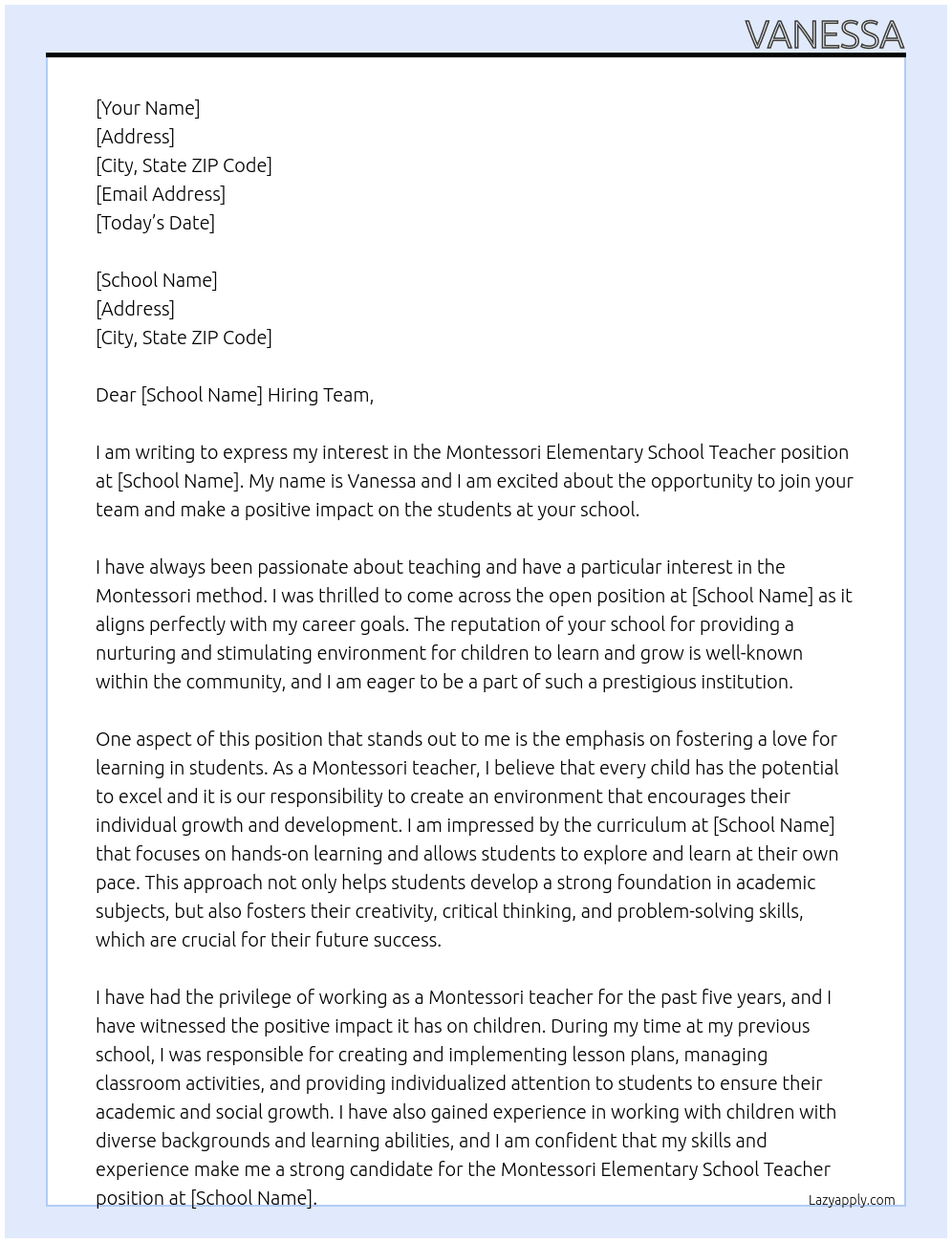 Cover letter for montessori elementary school teacher - LazyApply