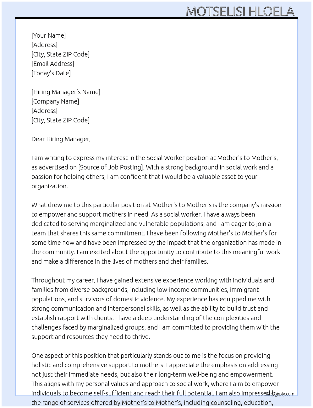 Social worker  At Mother's to Mother's  Cover Letter