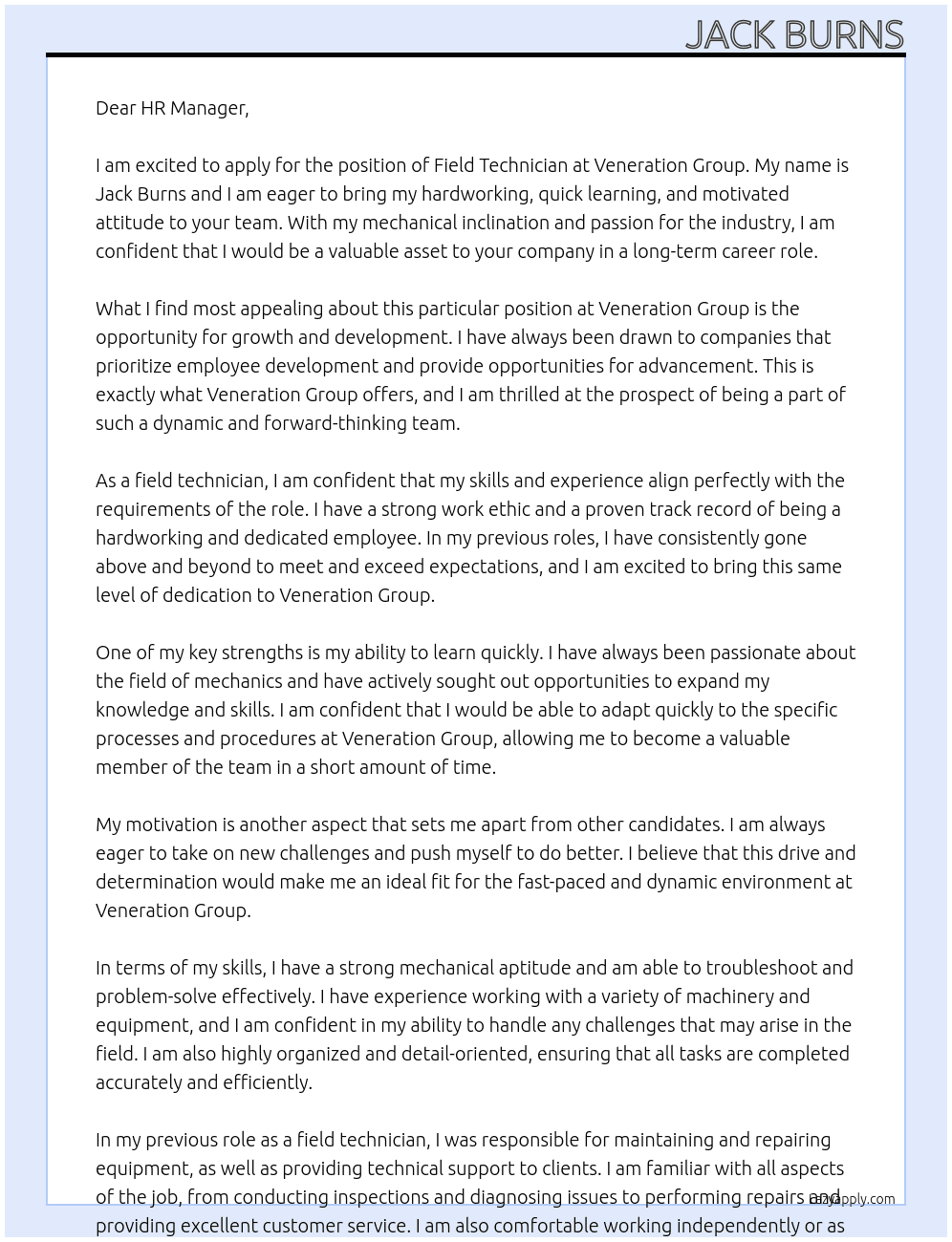 Field technician At Veneration Group Cover Letter