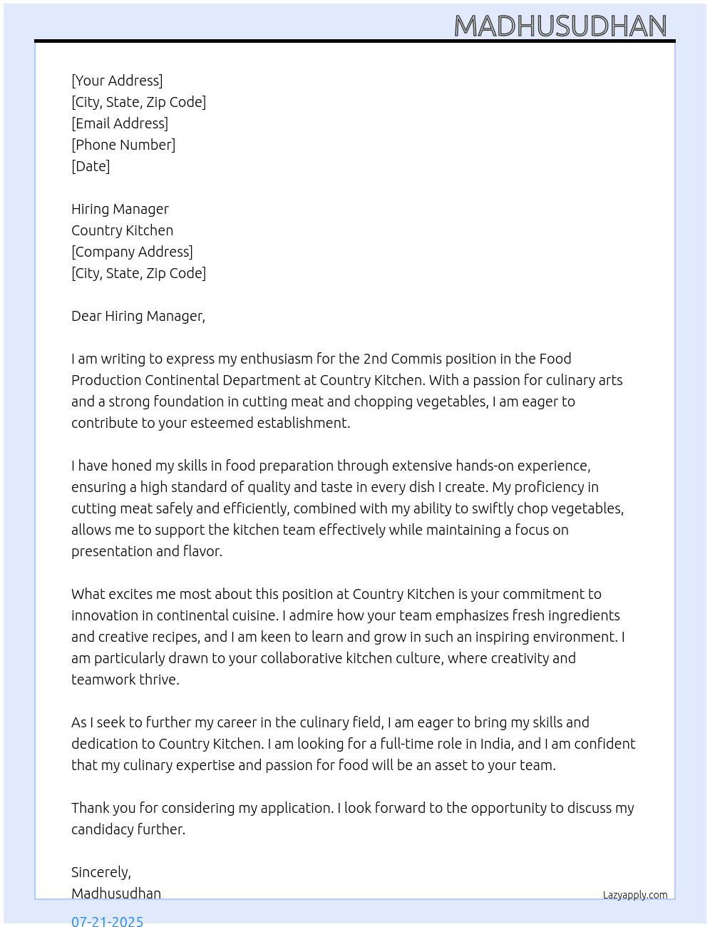 Food production continental department  At Country kitchen  Cover Letter