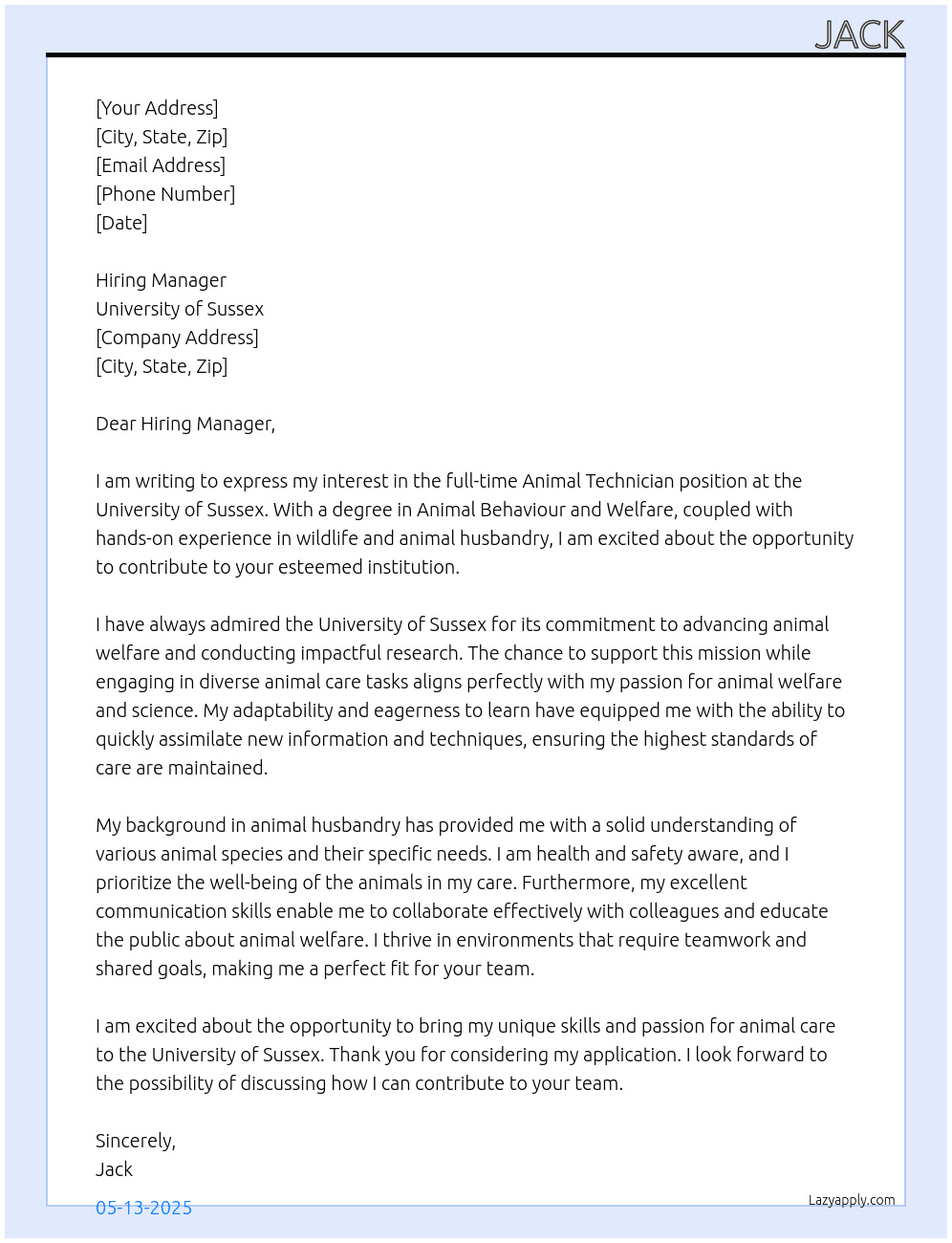 Animal Technician  At University of Sussex Cover Letter