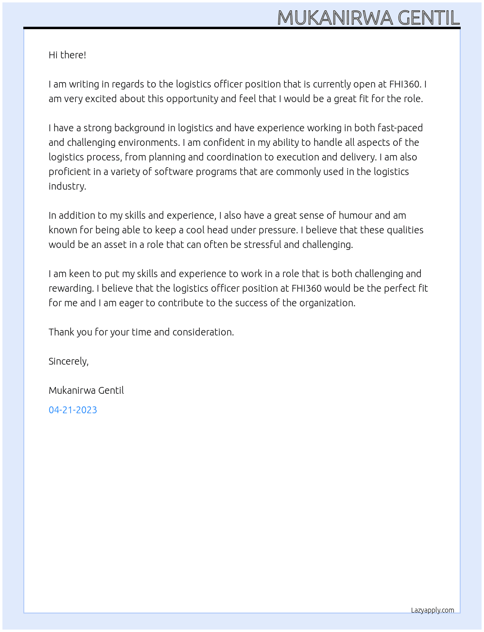 Logistics Officer At FHI360 Cover Letter