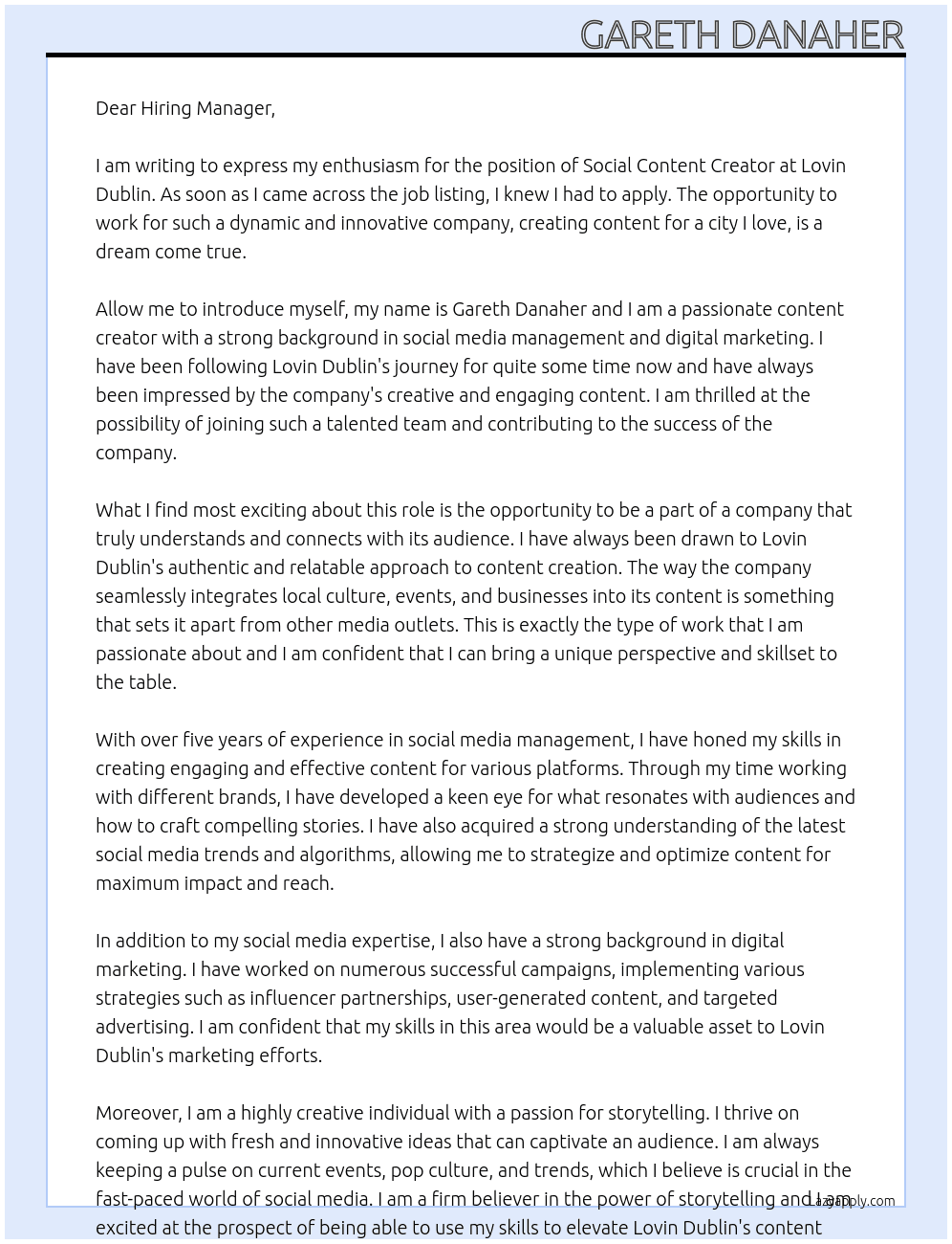 Social Content Creator  At Lovin Dublin Cover Letter
